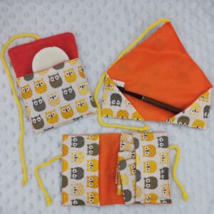 Kit voyages Hiboux 3 : pochette savon + pochette voyage lingettes + pochette brosse à dents - vue ouverte