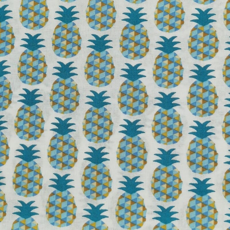 Service créations couture temporaires tissu ananas bleu sur fond blanc